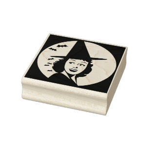 Cute witch full moon Halloween bats Rubber Stamp
