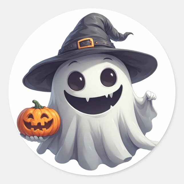 Cute Witch Ghost With Pumpkin For Halloween 👻 Classic Round Sticker (Front)