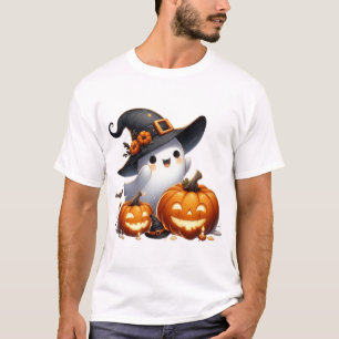 Cute Witch Ghost with Pumpkin in Graveyard Hallowe T-Shirt