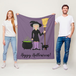 Cute Witch Girl And Cat Happy Halloween Text Fleece Blanket