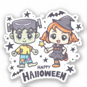 Cute Witch Girl and Mischievous Zombie Boy