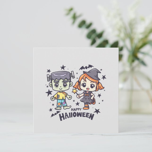 Cute Witch Girl and Mischievous Zombie Boy (Standing Front)