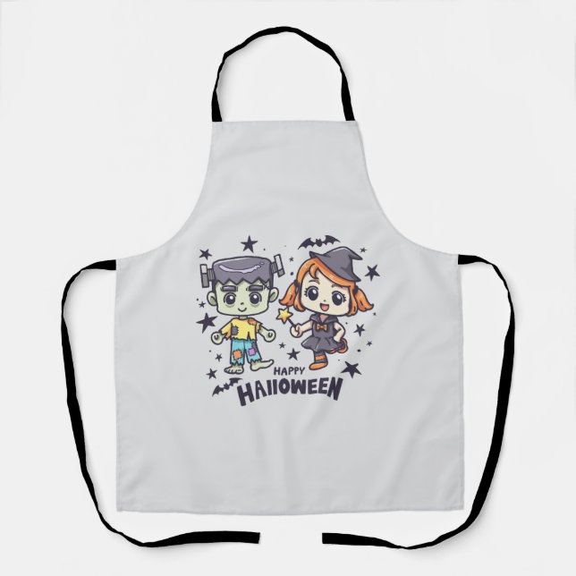 Cute Witch Girl and Mischievous Zombie Boy Apron (Front)
