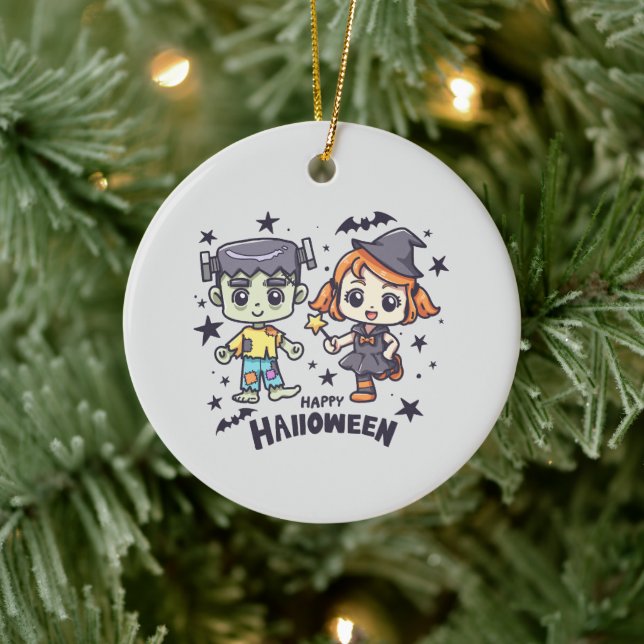 Cute Witch Girl and Mischievous Zombie Boy Ceramic Ornament (Tree)
