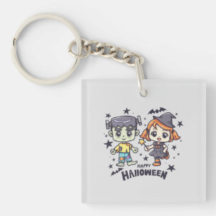 Cute Witch Girl and Mischievous Zombie Boy Key Ring