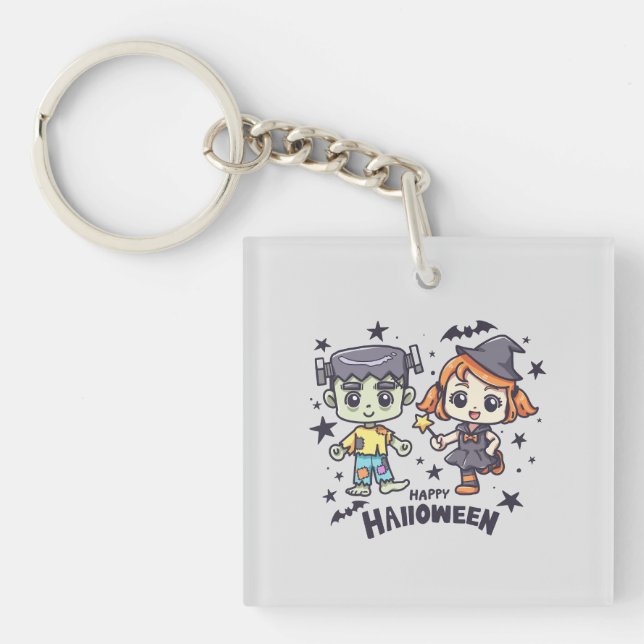 Cute Witch Girl and Mischievous Zombie Boy Key Ring (Front)