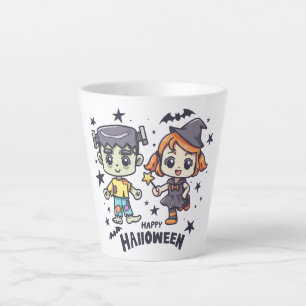 Cute Witch Girl and Mischievous Zombie Boy Latte Mug