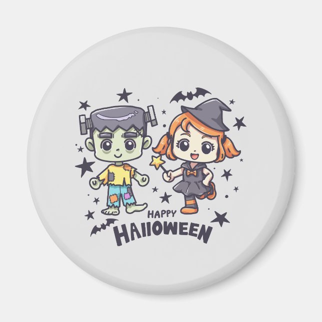 Cute Witch Girl and Mischievous Zombie Boy Magnet (Front)