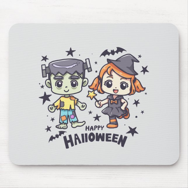 Cute Witch Girl and Mischievous Zombie Boy Mouse Pad (Front)