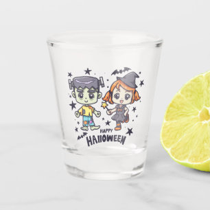 Cute Witch Girl and Mischievous Zombie Boy Shot Glass