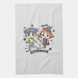 Cute Witch Girl and Mischievous Zombie Boy Tea Towel