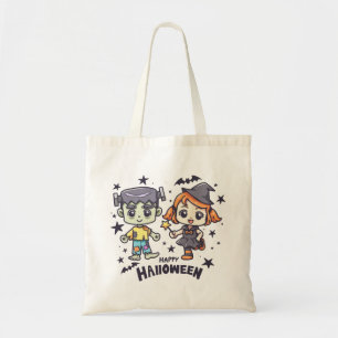 Cute Witch Girl and Mischievous Zombie Boy Tote Bag