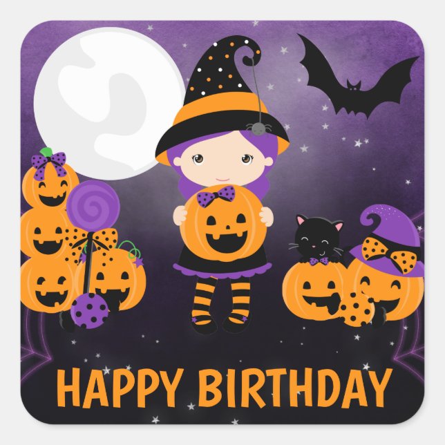 Cute Witch Girl and Pumpkins Happy Birthday Square Sticker (Front)