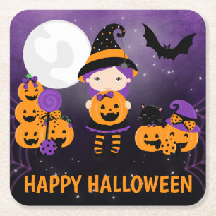 Cute Witch Girl and Pumpkins Happy Halloween Square Paper Coaster