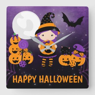 Cute Witch Girl and Pumpkins Happy Halloween Square Wall Clock