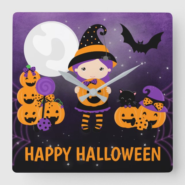 Cute Witch Girl and Pumpkins Happy Halloween Square Wall Clock (Front)