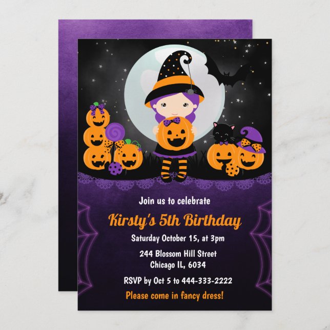 Cute Witch Girl and Pumpkins Kids Birthday Party Invitation (Front/Back)
