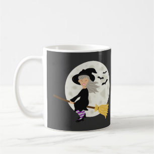 Cute Witch Girl Flying & Happy Halloween Text Coffee Mug