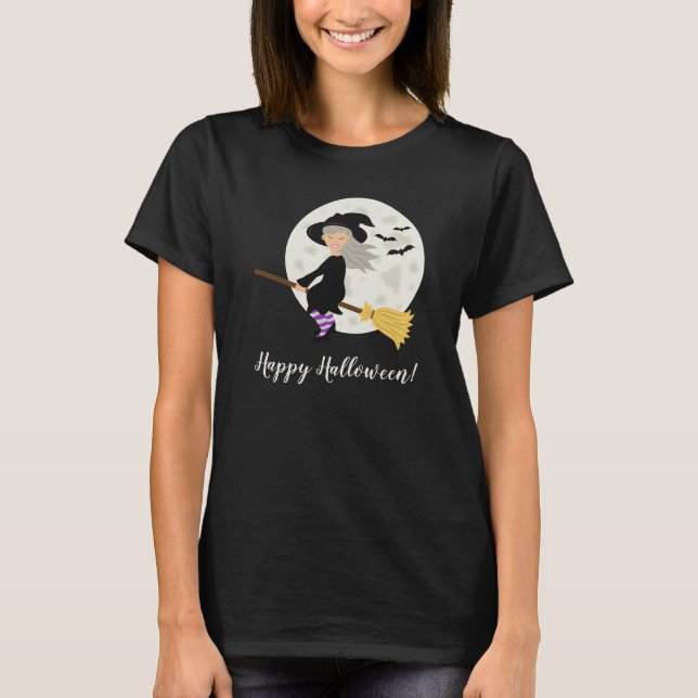 Cute Witch Girl Flying & Happy Halloween Text T-Shirt (Front)