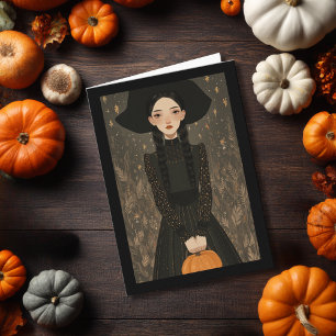 Cute Witch Girl Hat & Pumpkin Kids Halloween Card