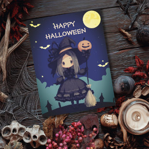 Cute Witch Girl her Broom & Pumpkin Kids Halloween Postcard