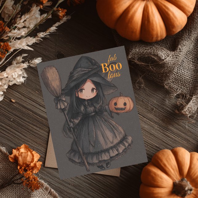 Cute Witch Girl her Broom & Pumpkin Kids Halloween Postcard (Creator Uploaded)