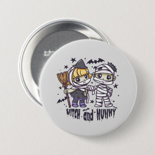 Cute Witch Girl & Mischievous Mummy Boy 7.5 Cm Round Badge