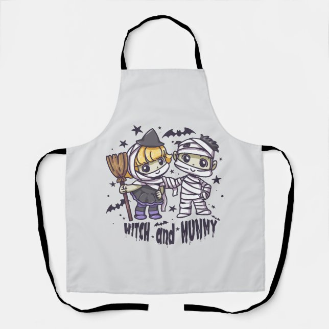 Cute Witch Girl & Mischievous Mummy Boy Apron (Front)