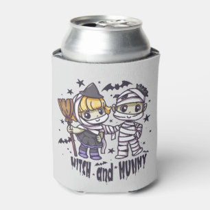 Cute Witch Girl & Mischievous Mummy Boy Can Cooler
