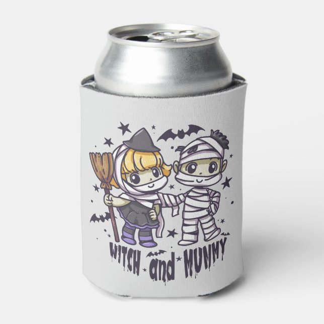 Cute Witch Girl & Mischievous Mummy Boy Can Cooler (Can Front)