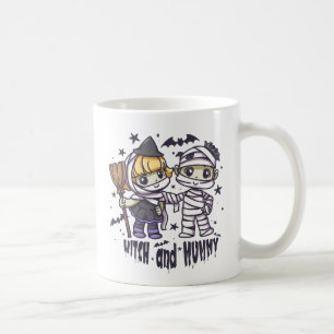 Cute Witch Girl & Mischievous Mummy Boy Coffee Mug