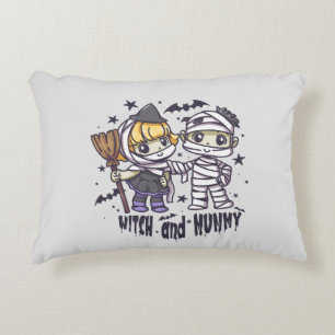 Cute Witch Girl & Mischievous Mummy Boy Decorative Cushion
