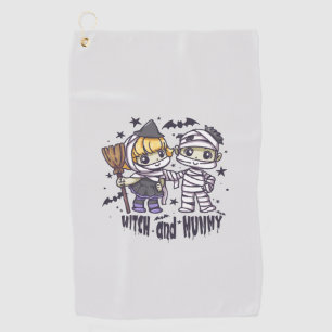 Cute Witch Girl & Mischievous Mummy Boy Golf Towel
