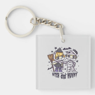 Cute Witch Girl & Mischievous Mummy Boy Key Ring