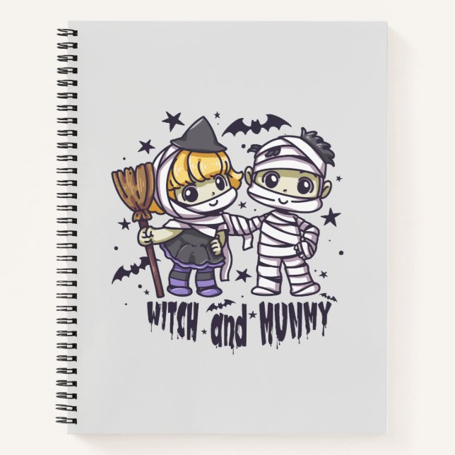 Cute Witch Girl & Mischievous Mummy Boy Notebook (Front)