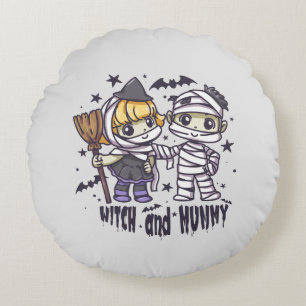 Cute Witch Girl & Mischievous Mummy Boy Round Cushion