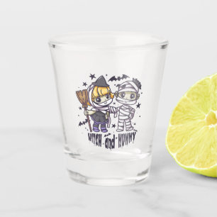Cute Witch Girl & Mischievous Mummy Boy Shot Glass