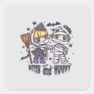 Cute Witch Girl & Mischievous Mummy Boy Square Sticker