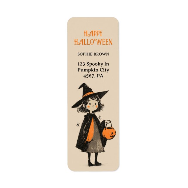 Cute Witch Girl Retro Halloween Return Address Label (Front)