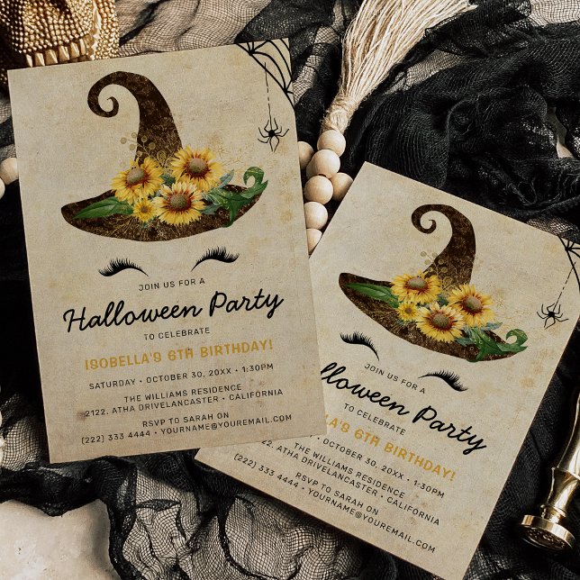 Cute Witch Girls Halloween Kids Yellow Birthday Invitation (Creator Uploaded)