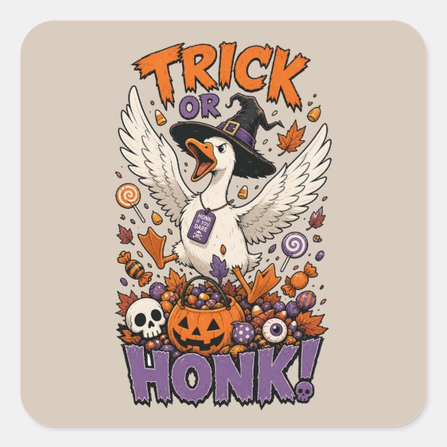 Cute Witch Goose Pumpkin Candy Graphic Square Sticker (Front)