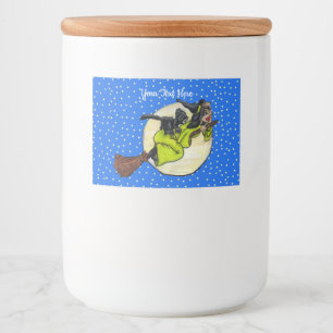 Cute Witch Green Dress on Broom Cat Moon Stars Food Label