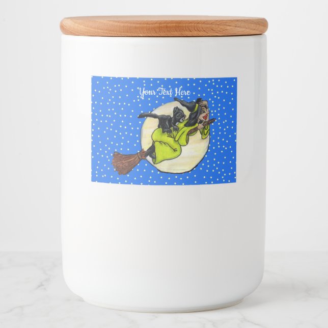 Cute Witch Green Dress on Broom Cat Moon Stars Food Label (Front)