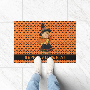 Cute Witch Halloween Custom Greeting Orange Black Doormat