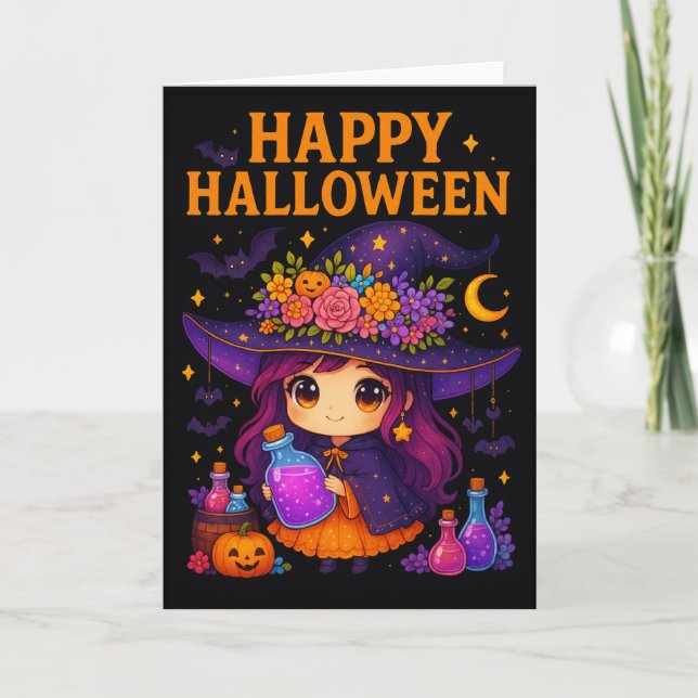 Cute Witch Halloween Folded Greetings Card (Front)
