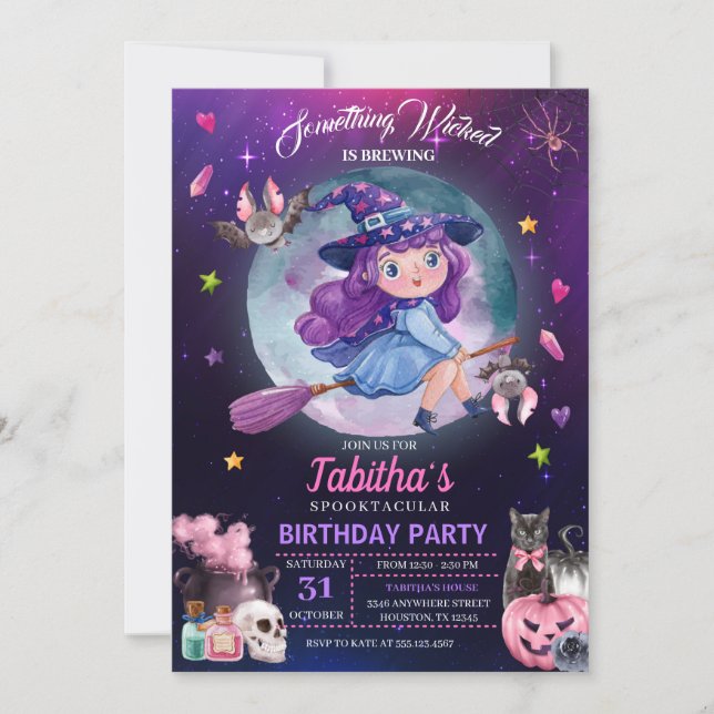 Cute Witch Halloween Kids Birthday Party Invitation (Front)