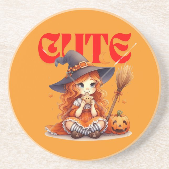 Cute Witch Halloween Sandstone Coaster (Front)