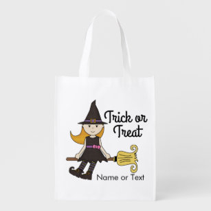 Cute Witch Halloween Trick or Treat Personalised Reusable Grocery Bag