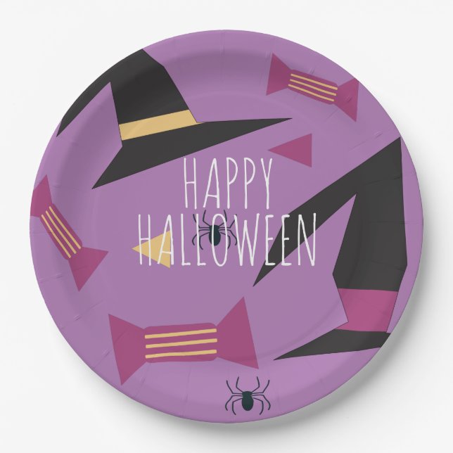 Cute Witch Hat Halloween Party Pattern Purple Paper Plate (Front)