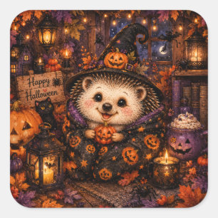 Cute Witch Hedgehog Happy Halloween Cosy Pumpkin Square Sticker